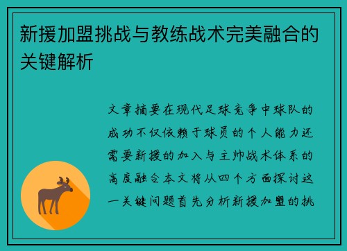 新援加盟挑战与教练战术完美融合的关键解析 新援加盟挑战与教练战术完美融合的关键解析